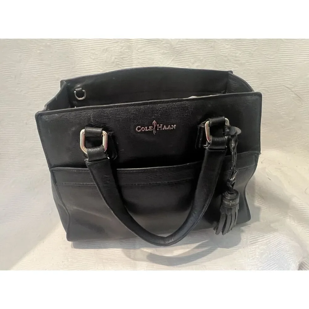 Cole Haan Berkley Satchel Handbag Black Leather Lined‎ Zip Pockets Double Handle